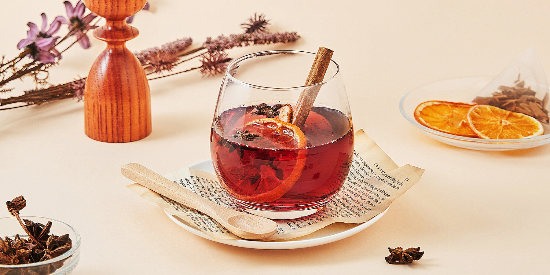 Autumn cocktail with cinnamon stick and dried orange slices in GoodGlassware Stemless Wine Glass