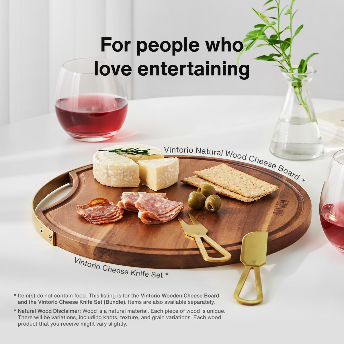 Vintorio Wooden Cheese Board with Handle and Cheese Knives