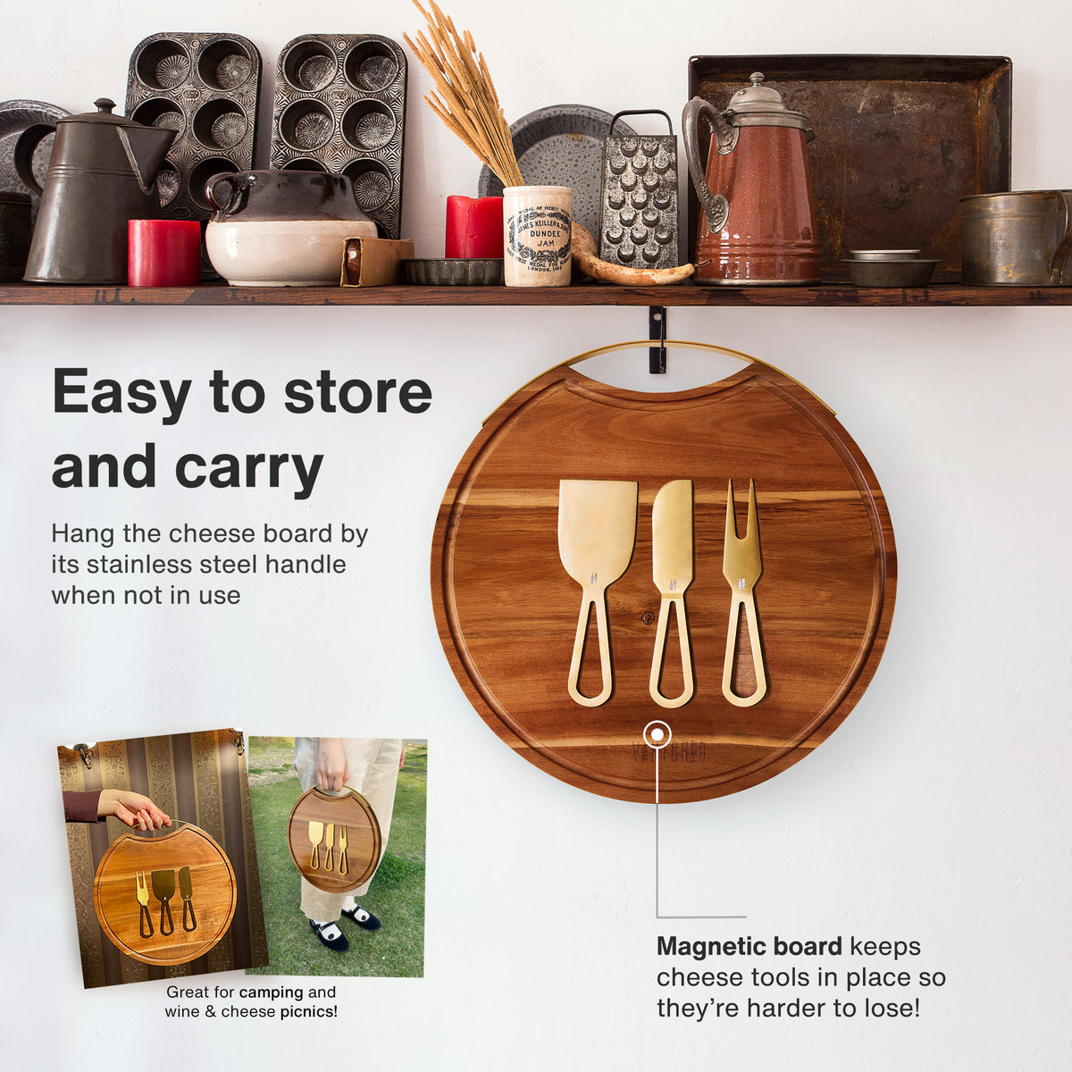 Vintorio Magnetic Round Wooden Cheese Board with Handle and Cheese Knives