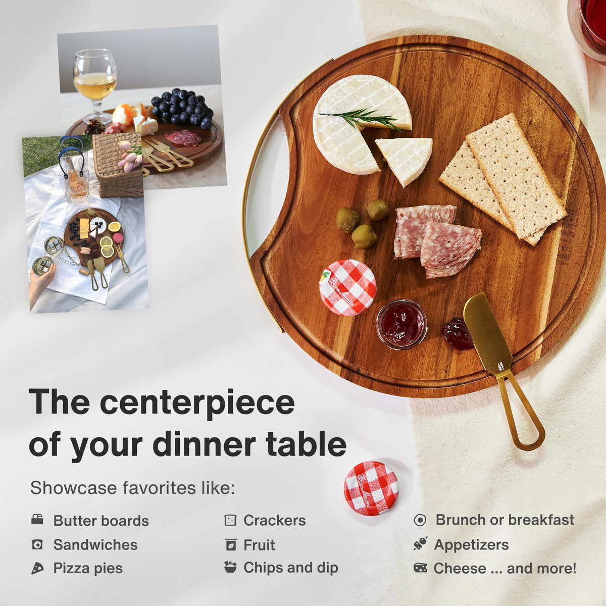 Vintorio Round Wooden Cheese Board with Handle and Gold Cheese Knife