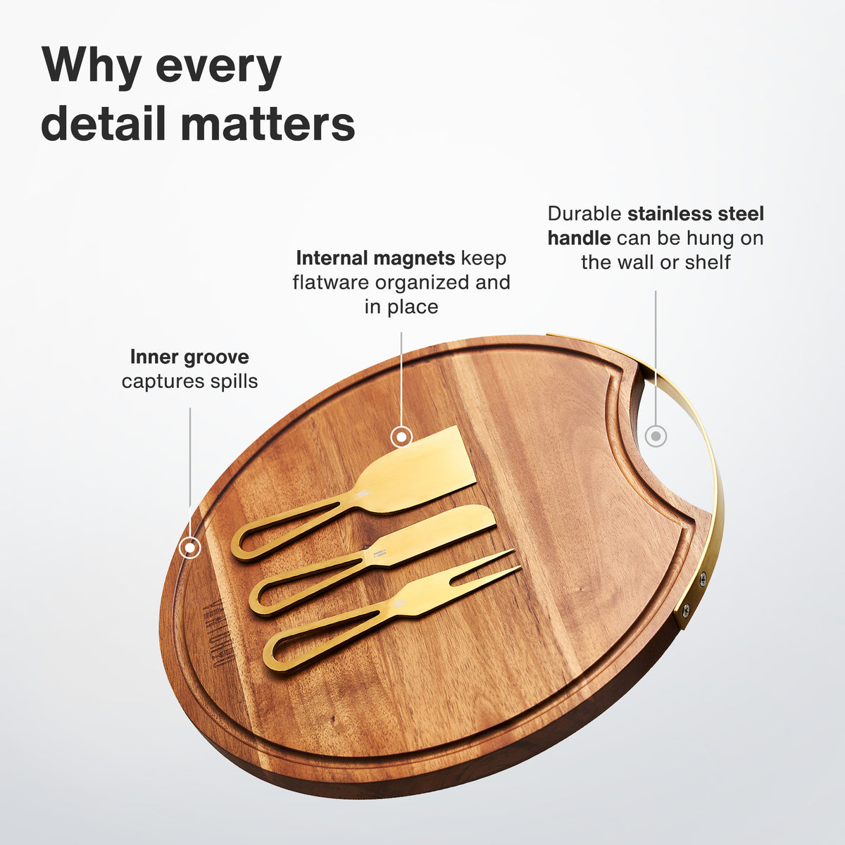 Vintorio Round Wooden Cheese Board with Handle and Cheese Knives