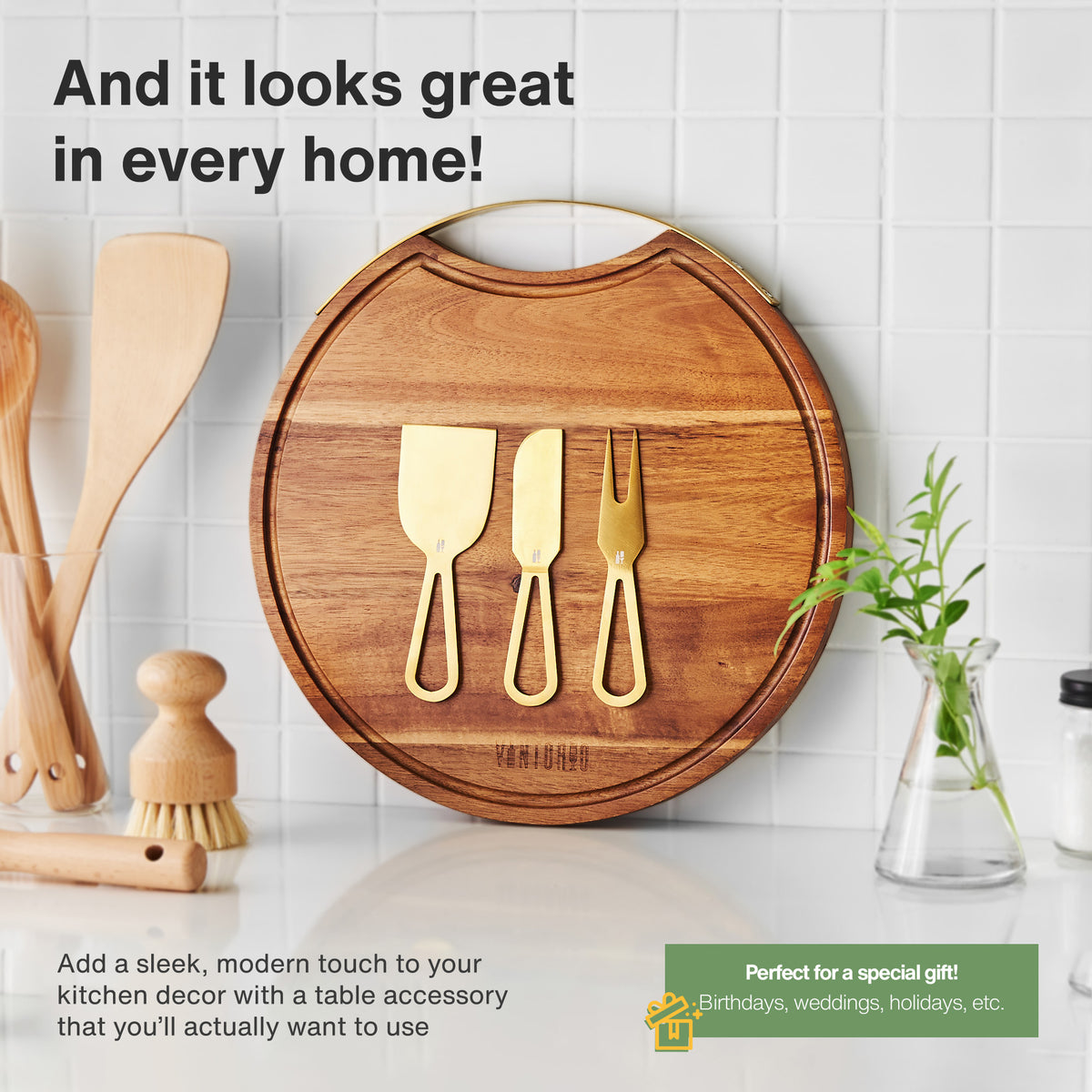 Vintorio Round Wooden Cheese Board with Handle and Cheese Knives