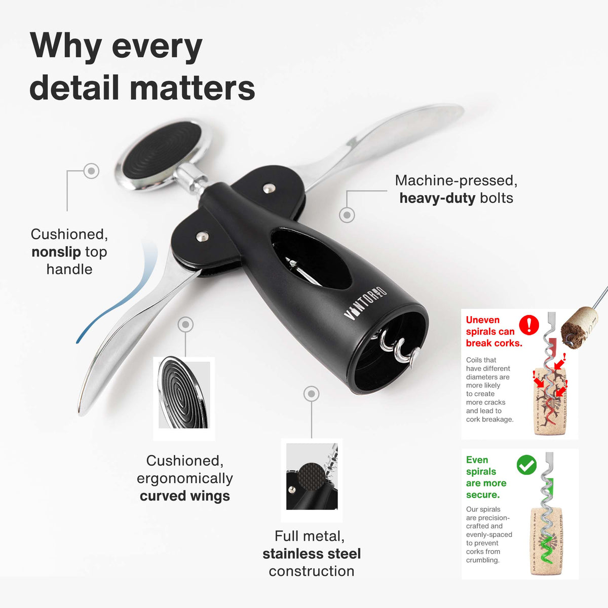 Vintorio Easy Wing Corkscrew - Cushioned handle, nonslip, heavy-duty, and ergonomic