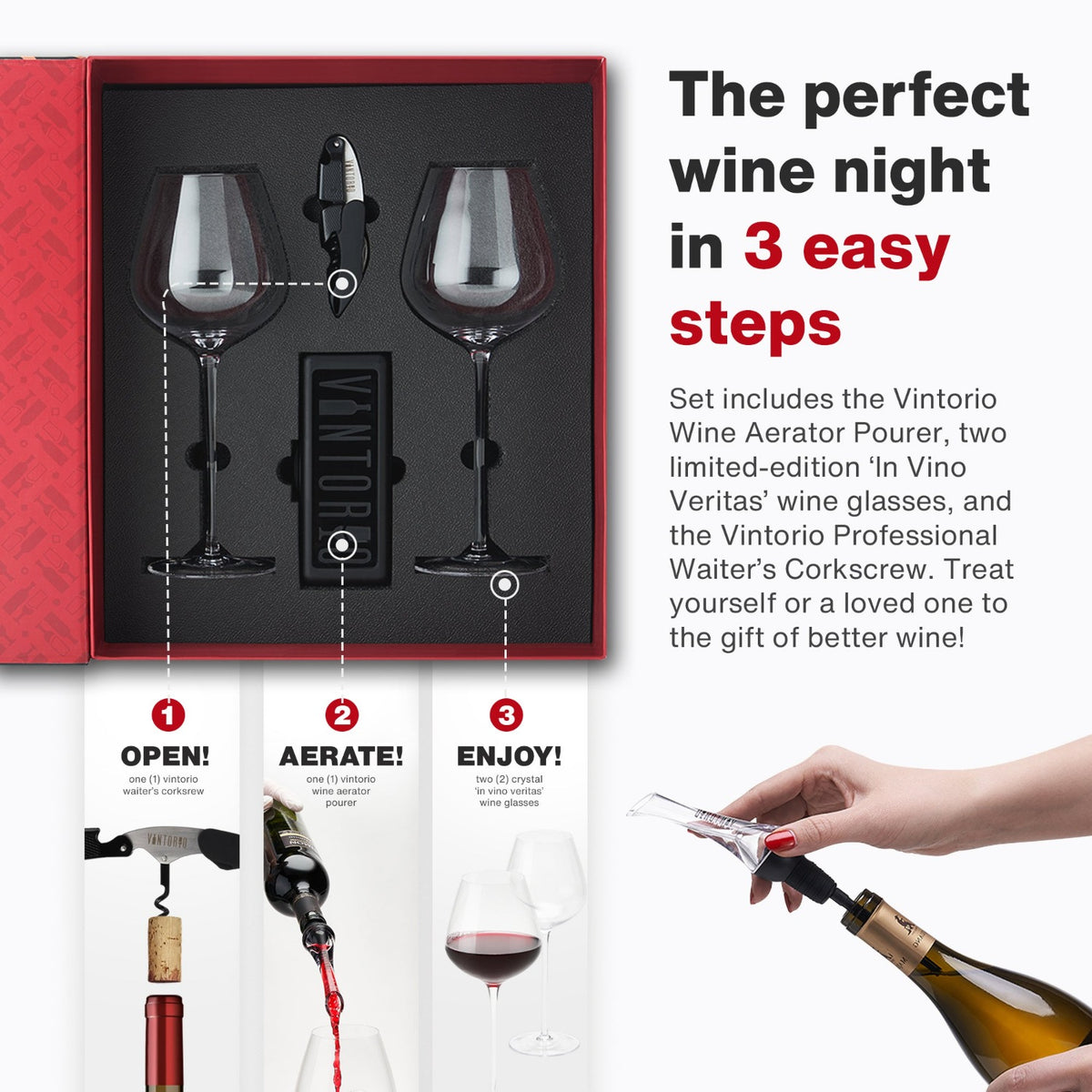 Vintorio Essentials Gift Set with Wine Aerator, Corkscrew, and Two Crystal Wine Glasses