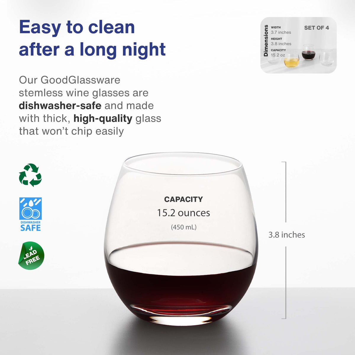 Vintorio GoodGlassware Stemless Wine Glasses (Set of 4) - Dishwasher-safe and high-quality 