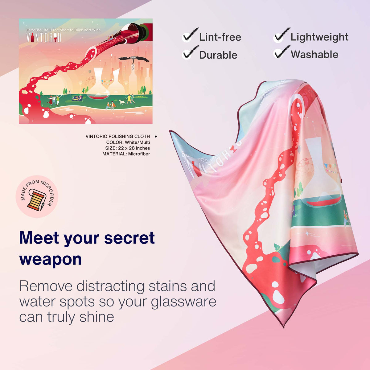 Vintorio Microfiber Cloth for Polishing Wine Glasses (22 x 28&quot;)