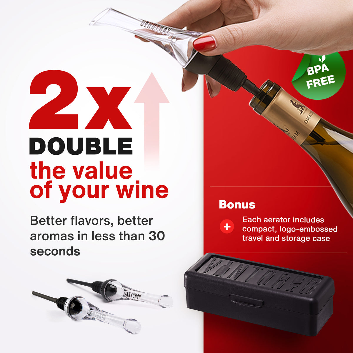 Vintorio Wine Aerator Pourer Bundle (2 Pack, Silver and Black)