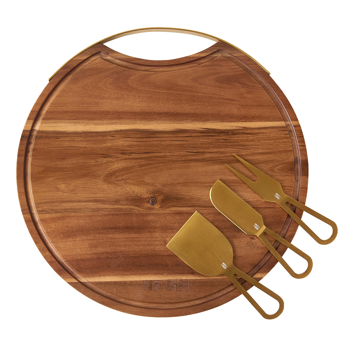 Vintorio Round Wooden Cheese Board with Handle and Cheese Knives
