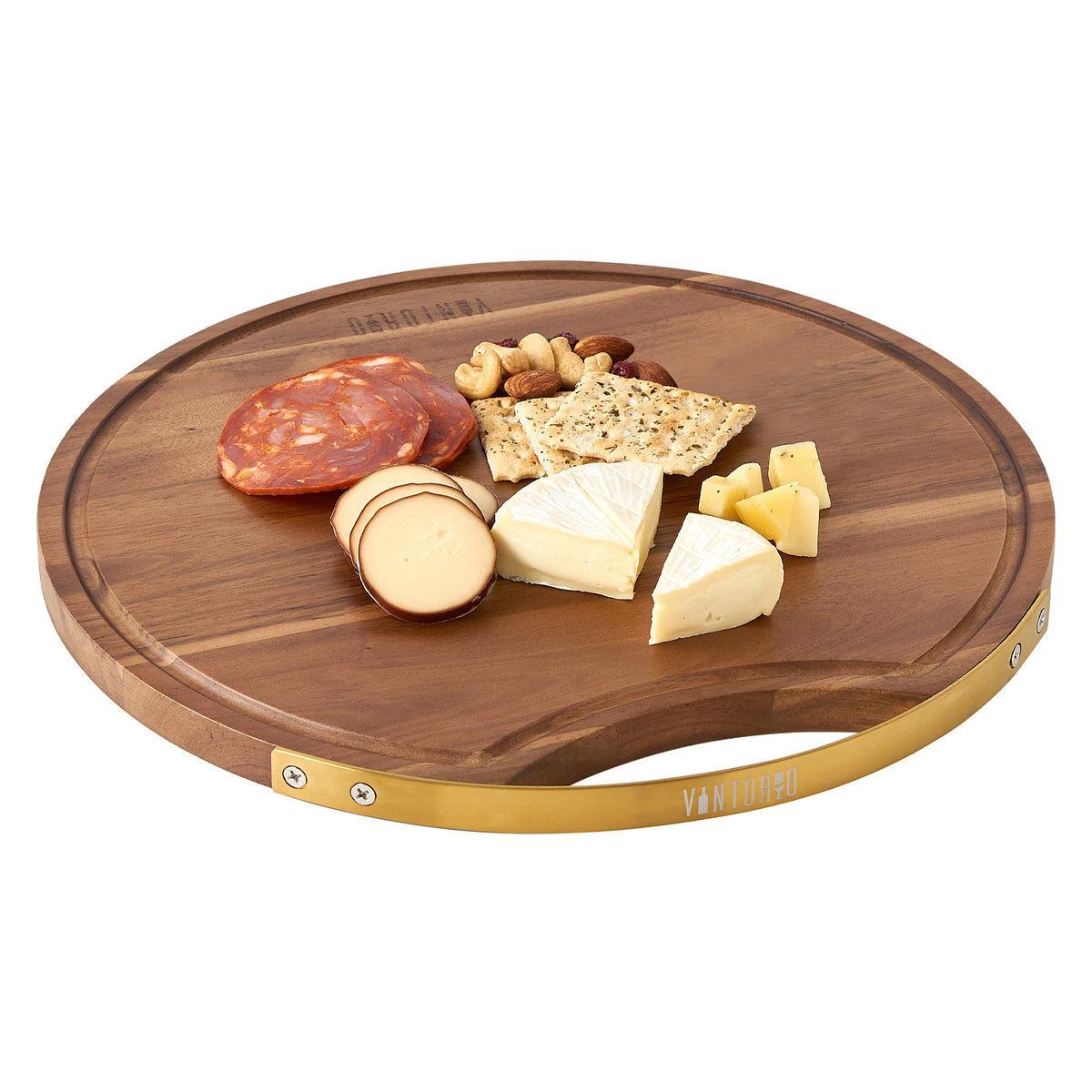 Vintorio Round Wooden Cheese Board with Handle and Cheese Knives